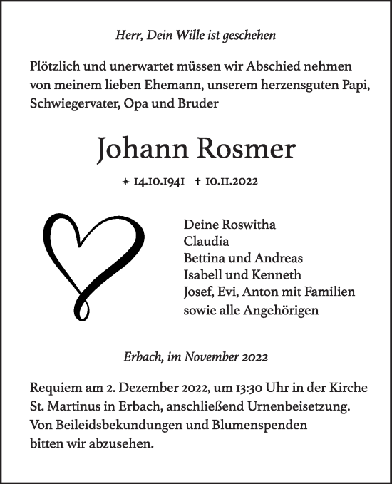 Traueranzeige von Johann Rosmer von SÜDWEST PRESSE Ausgabe Ulm/Neu-Ulm