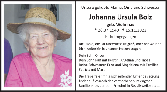 Traueranzeige von Johanna Ursula Bolz von SÜDWEST PRESSE Ausgabe Ulm/Neu-Ulm