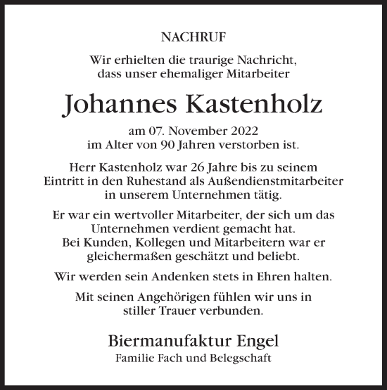 Traueranzeige von Johannes Kastenholz von Hohenloher Tagblatt