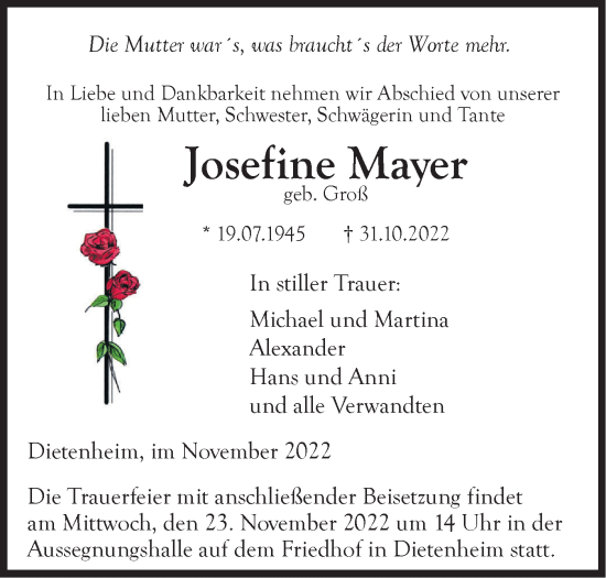 Traueranzeige von Josefine Mayer von SÜDWEST PRESSE Ausgabe Ulm/Neu-Ulm