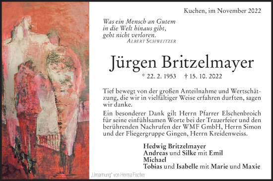 Traueranzeige von Jürgen Britzelmayer von Geislinger Zeitung