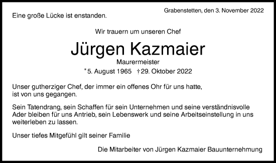 Traueranzeige von Jürgen Kazmaier von Metzinger-Uracher Volksblatt