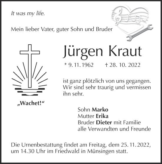 Traueranzeige von Jürgen Kraut von Alb-Bote/Metzinger-Uracher Volksblatt