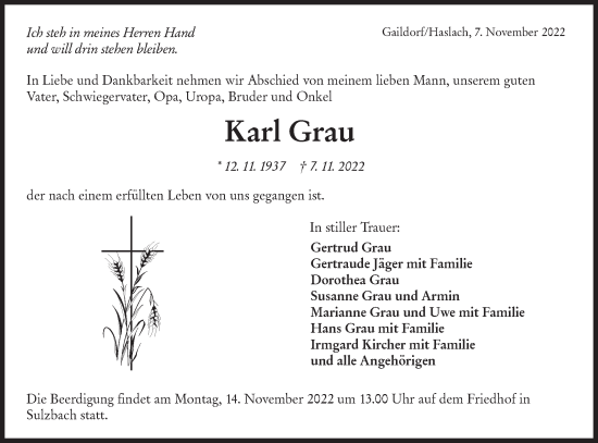 Traueranzeige von Karl Grau von Rundschau Gaildorf