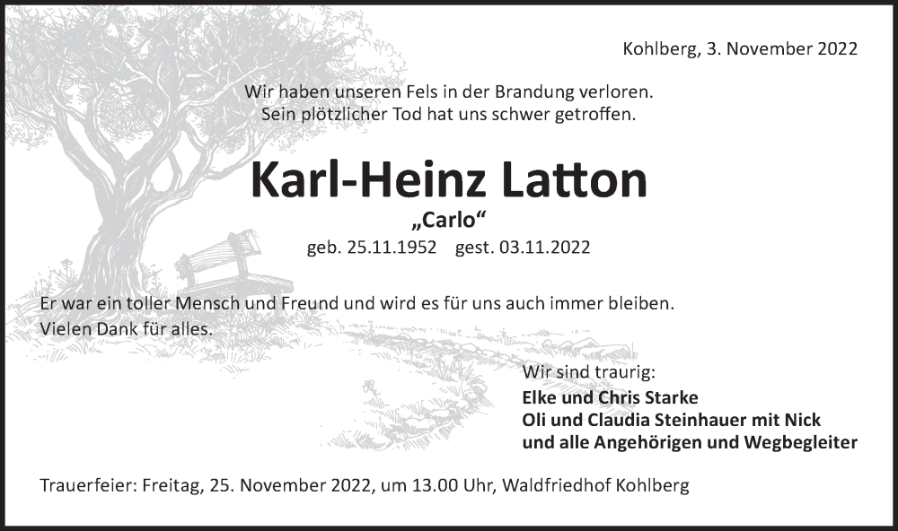  Traueranzeige für Karl-Heinz Latton vom 19.11.2022 aus NWZ Neue Württembergische Zeitung