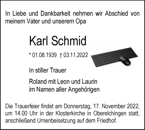 Traueranzeige von Karl Schmid von SÜDWEST PRESSE Ausgabe Ulm/Neu-Ulm