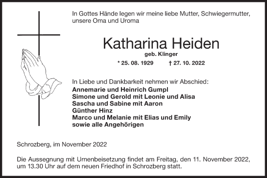 Traueranzeige von Katharina Heiden von Hohenloher Tagblatt