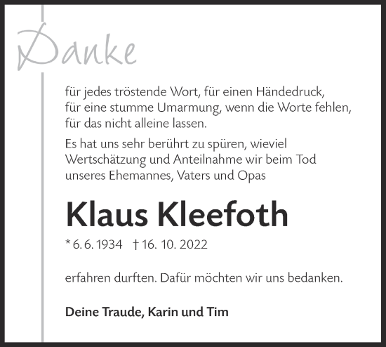 Traueranzeige von Klaus Kleefoth von Metzinger-Uracher Volksblatt