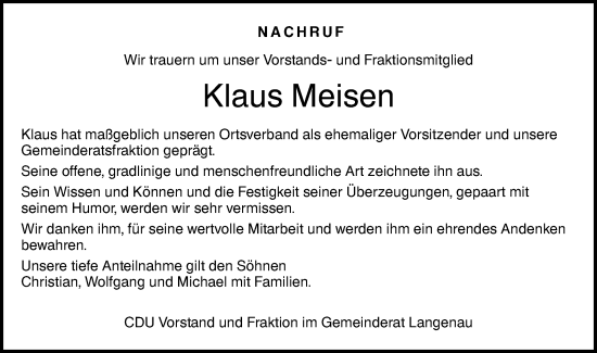 Traueranzeige von Klaus Meisen von SÜDWEST PRESSE