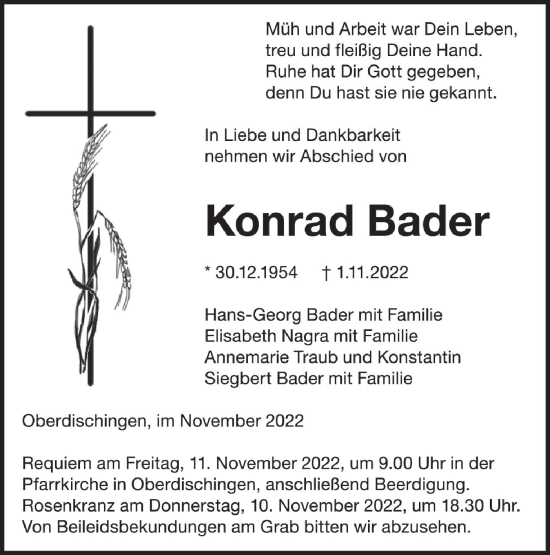 Traueranzeige von Konrad Bader von Ehinger Tagblatt