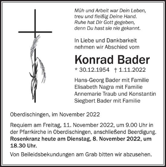 Traueranzeige von Konrad Bader von Ehinger Tagblatt