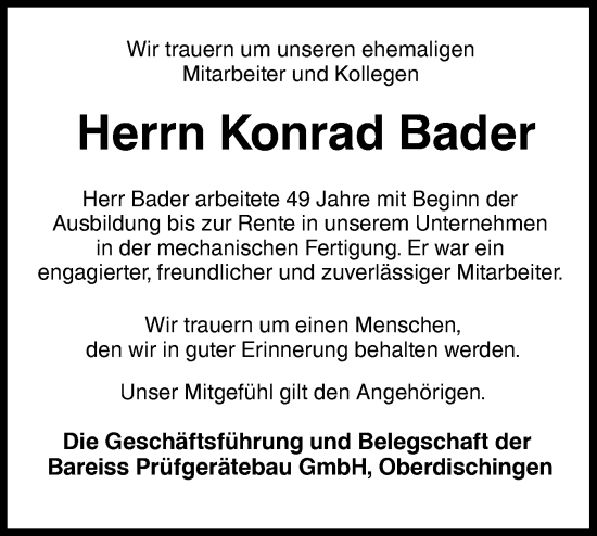 Traueranzeige von Konrad Bader von Ehinger Tagblatt