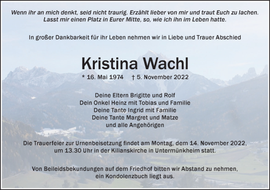 Traueranzeige von Kristina Wachl von Haller Tagblatt