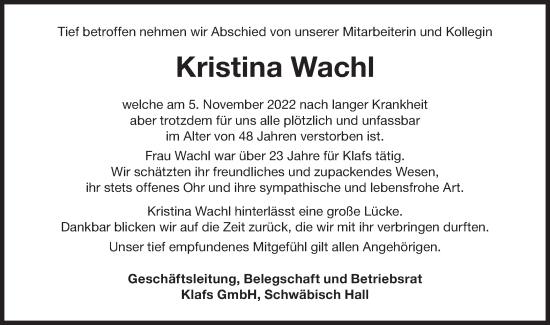 Traueranzeige von Kristina Wachl von Haller Tagblatt