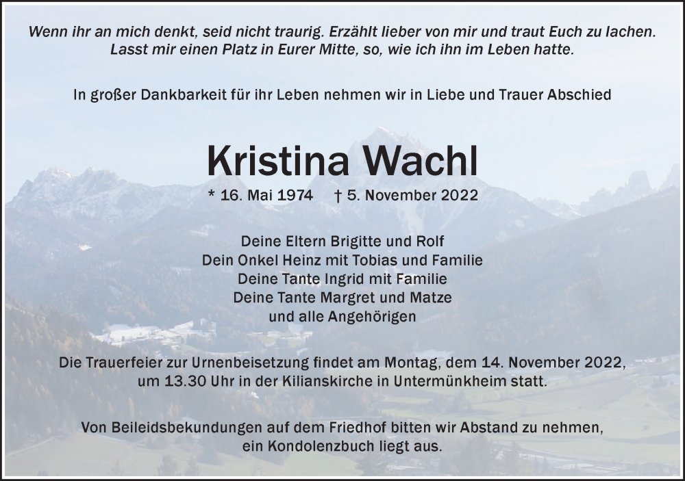  Traueranzeige für Kristina Wachl vom 12.11.2022 aus Haller Tagblatt