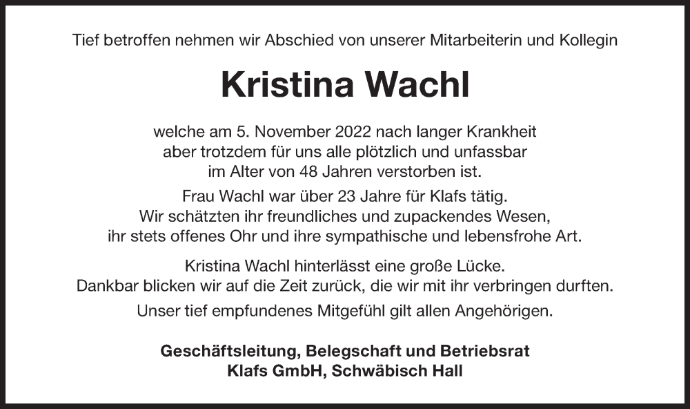  Traueranzeige für Kristina Wachl vom 12.11.2022 aus Haller Tagblatt