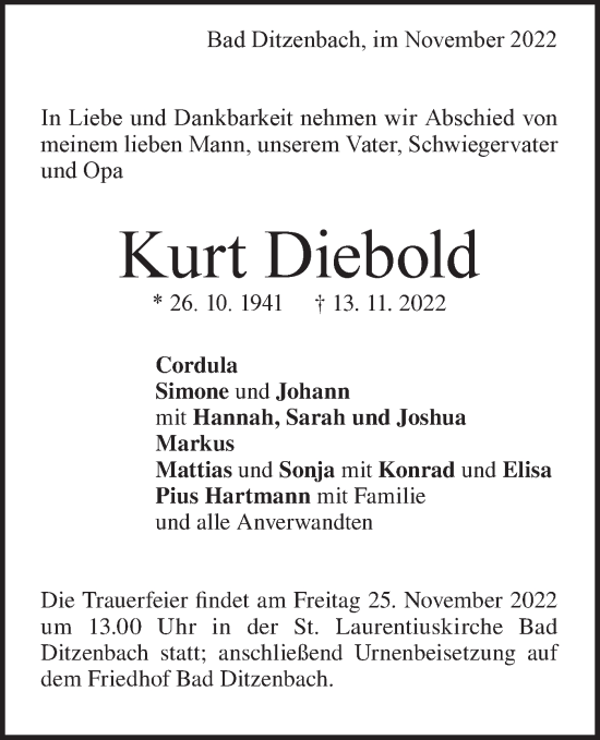 Traueranzeige von Kurt Diebold von Geislinger Zeitung