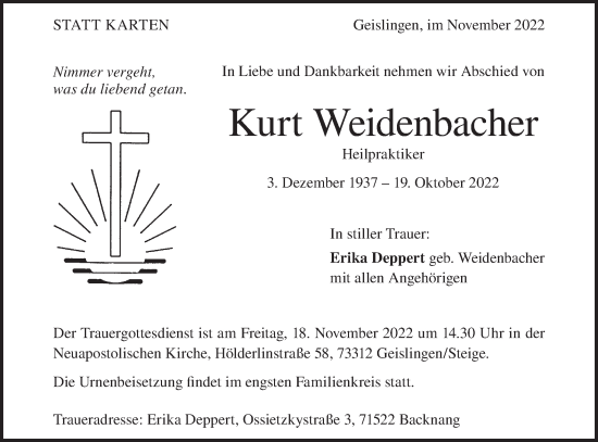 Traueranzeige von Kurt Weidenbacher von Geislinger Zeitung