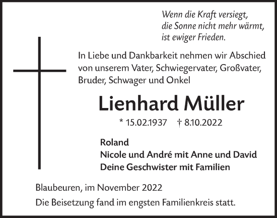 Traueranzeige von Lienhard Müller von SÜDWEST PRESSE Ausgabe Ulm/Neu-Ulm