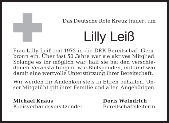 Traueranzeige von Lilly Leiß von Hohenloher Tagblatt