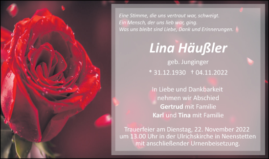 Traueranzeige von Lina Häußler von SÜDWEST PRESSE Ausgabe Ulm/Neu-Ulm