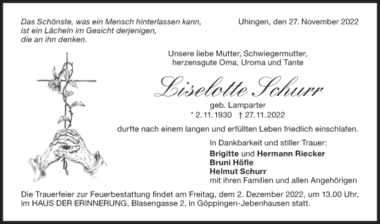 Traueranzeige von Liselotte Schurr von NWZ Neue Württembergische Zeitung