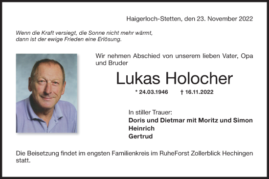 Traueranzeige von Lukas Holocher von Metzinger-Uracher Volksblatt