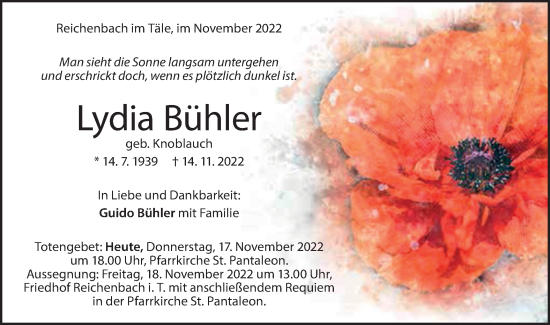 Traueranzeige von Lydia Bühler von Geislinger Zeitung