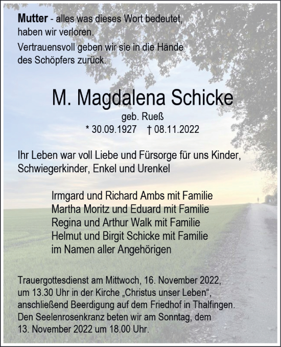 Traueranzeige von M. Magdalena Schicke von SÜDWEST PRESSE Ausgabe Ulm/Neu-Ulm