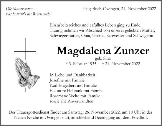 Traueranzeige von Magdalena Zunzer von Metzinger-Uracher Volksblatt