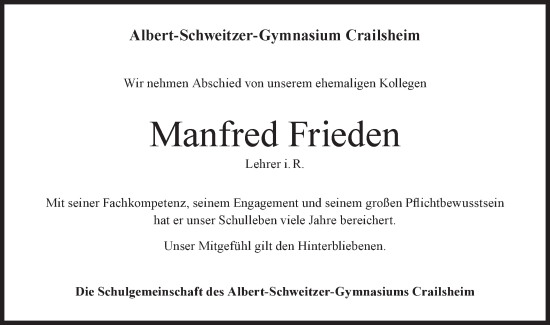 Traueranzeige von Manfred Frieden von Hohenloher Tagblatt