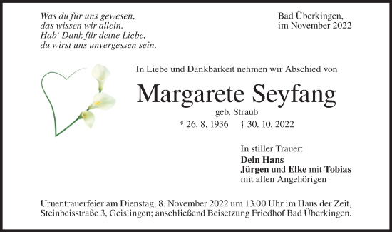 Traueranzeige von Margarete Seyfang von Geislinger Zeitung