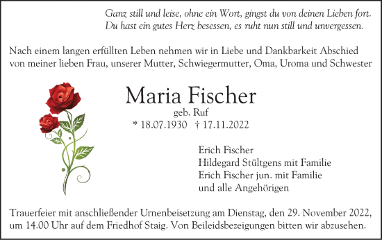 Traueranzeige von Maria Fischer von SÜDWEST PRESSE Ausgabe Ulm/Neu-Ulm