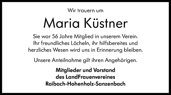 Traueranzeige von Maria Küstner von Haller Tagblatt