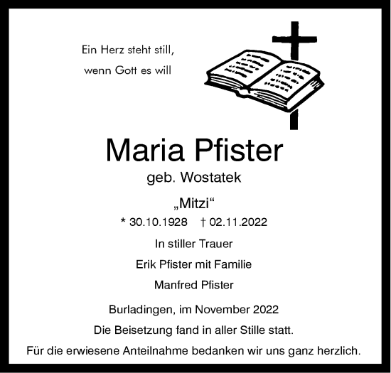 Traueranzeige von Maria Pfister von Metzinger-Uracher Volksblatt