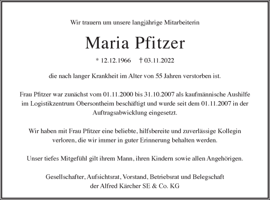 Traueranzeige von Maria Pfitzer von Haller Tagblatt/Rundschau Gaildorf/Hohenloher Tagblatt