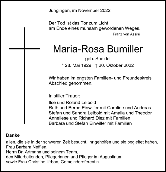 Traueranzeige von Maria-Rosa Bumiller von Metzinger-Uracher Volksblatt