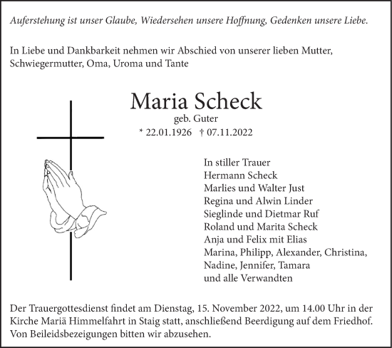 Traueranzeige von Maria Scheck von SÜDWEST PRESSE Ausgabe Ulm/Neu-Ulm