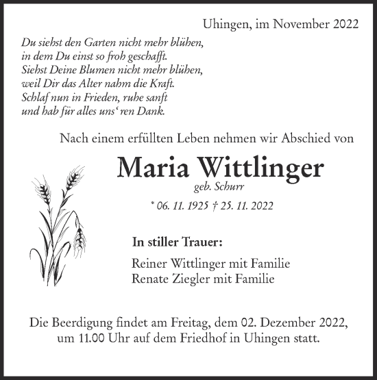 Traueranzeige von Maria Wittlinger von NWZ Neue Württembergische Zeitung