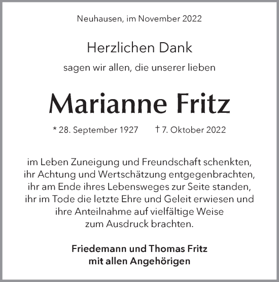 Traueranzeige von Marianne Fritz von Metzinger-Uracher Volksblatt