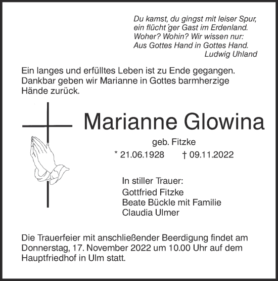 Traueranzeige von Marianne Glowina von SÜDWEST PRESSE Ausgabe Ulm/Neu-Ulm