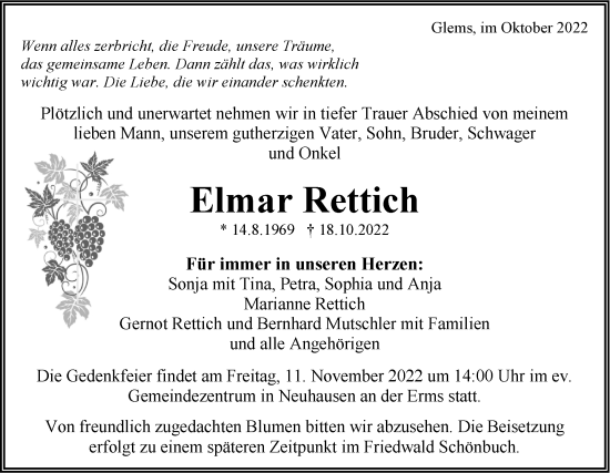 Traueranzeige von Elmar Rettich von Metzinger-Uracher Volksblatt