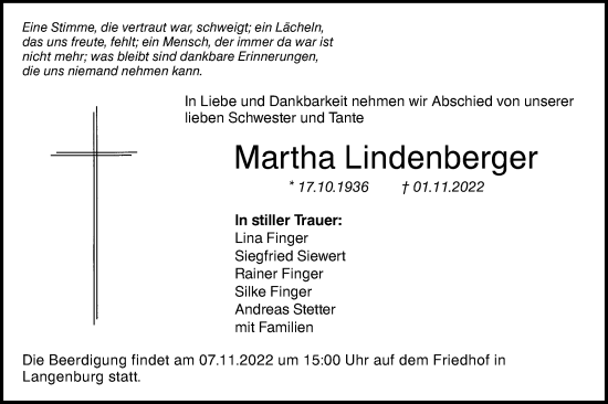 Traueranzeige von Martha Lindenberger von Hohenloher Tagblatt