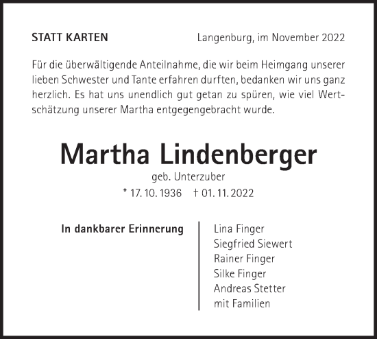 Traueranzeige von Martha Lindenberger von Hohenloher Tagblatt