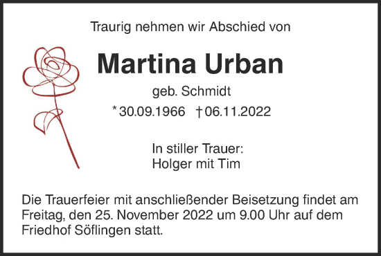 Traueranzeige von Martina Urban von SÜDWEST PRESSE Ausgabe Ulm/Neu-Ulm