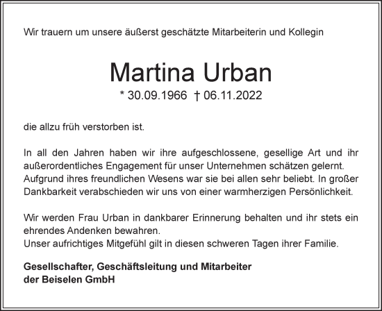 Traueranzeige von Martina Urban von SÜDWEST PRESSE Ausgabe Ulm/Neu-Ulm