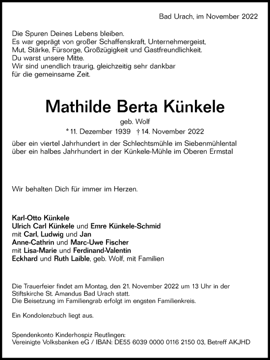 Traueranzeige von Mathilde Berta Künkele von Metzinger-Uracher Volksblatt