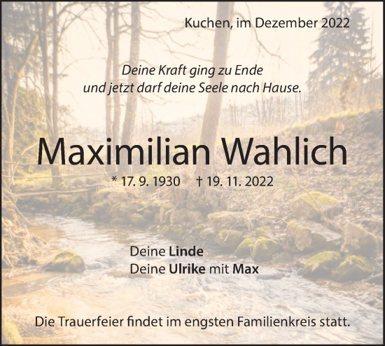 Traueranzeige von Maximilian Wahlich von Geislinger Zeitung