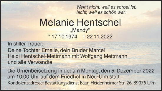 Traueranzeige von Melanie Hentschel von SÜDWEST PRESSE Ausgabe Ulm/Neu-Ulm