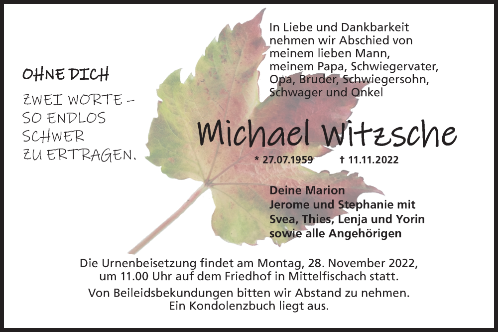  Traueranzeige für Michael Witzsche vom 19.11.2022 aus Haller Tagblatt